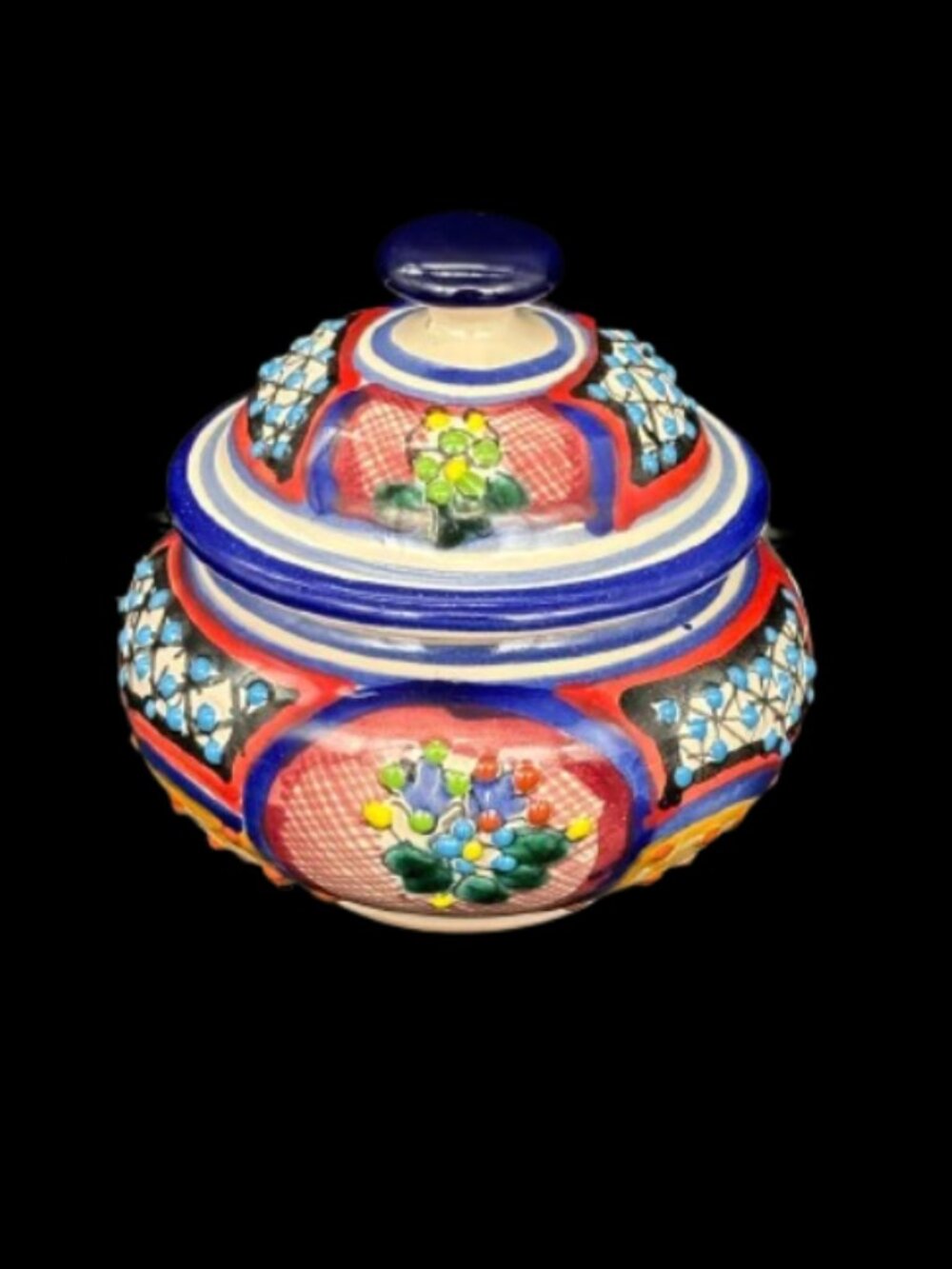 Vintage Mexican Artisan Talavera Hand Painted Pottery Lidded Jar - Picture 2 of 7